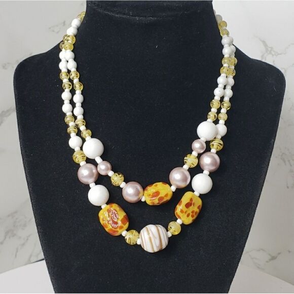 VINTAGE ARTISAN Glass & Resin Beaded Double Strand Necklace - Picture 1 of 7